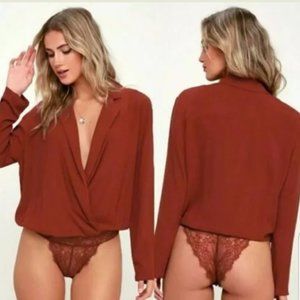 Free People Elsa Lace Long Sleeve Deep V-Neck Bodysuit Terracotta Size S